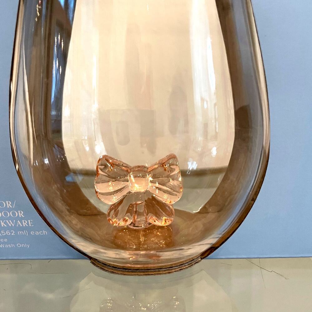Pink Bow Coquette Acrylic Stemless Wine Glasses 19oz Set of 2 Soho Loft New - Picture 9 of 10